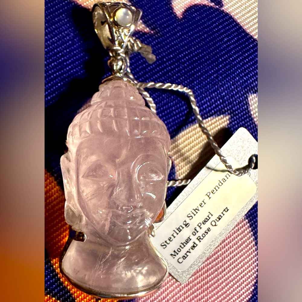 Sterling Silver Rose Quartz Hand Carved Buddha Head, Mother of Pearl Pendant @2”